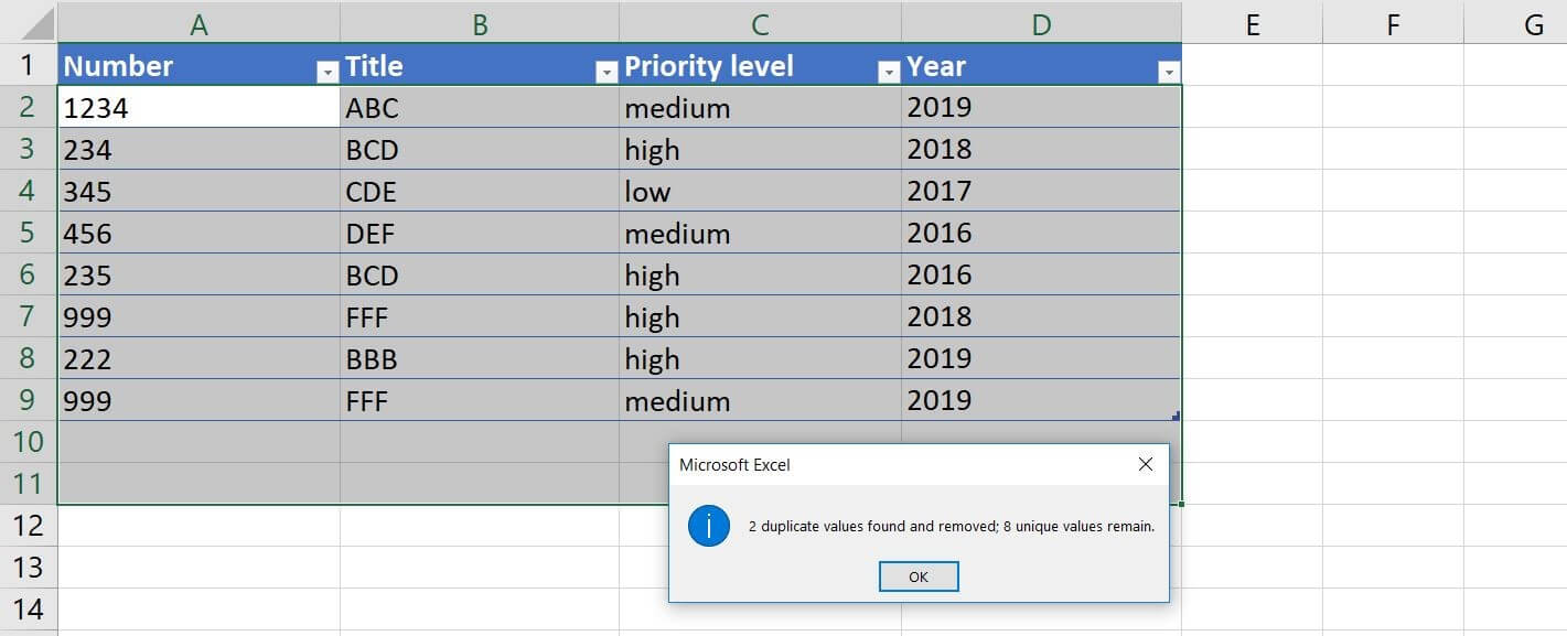 Microsoft Excel 2016: aviso de eliminación de duplicados