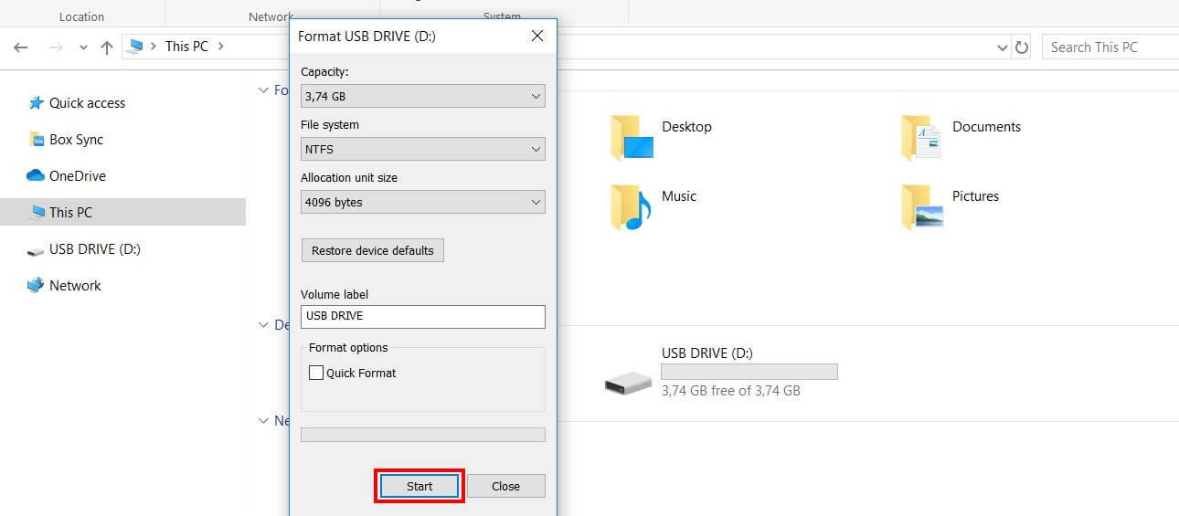 Formatear una unidad USB en Windows 10