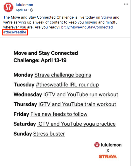 Hashtag marketing: cuenta de Facebook de Lululemon.