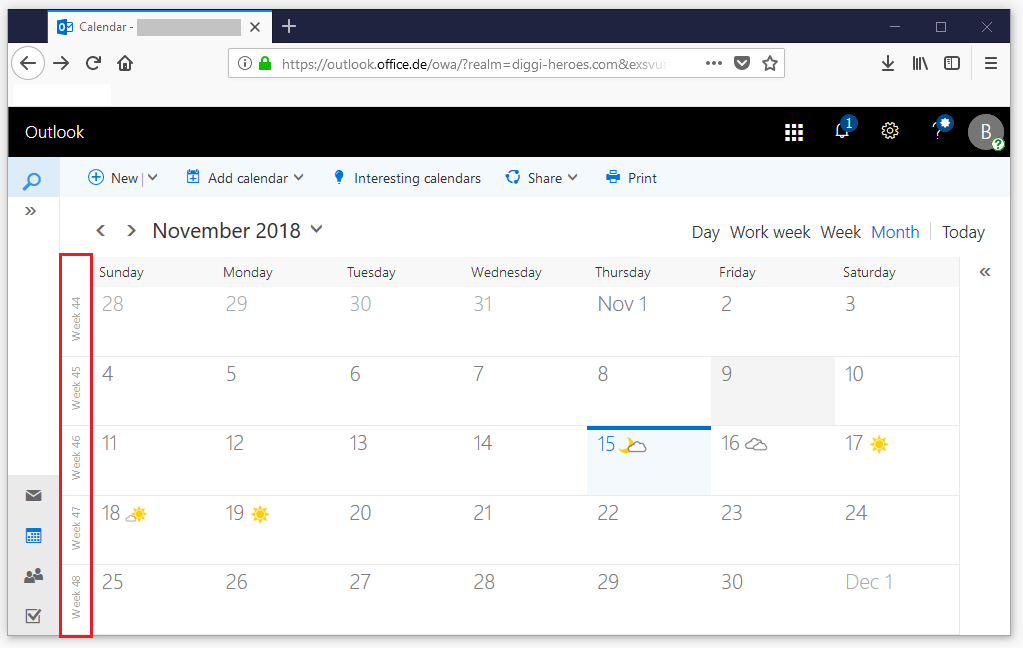 Outlook en la web: vista de calendario con la numeración de las semanas