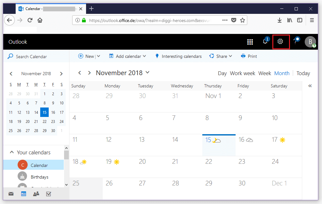 Outlook en la web: vista del calendario sin numeración semanal