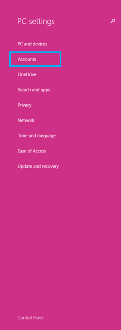 Menú de configuración en Windows 8: cambiar los ajustes: cuentas