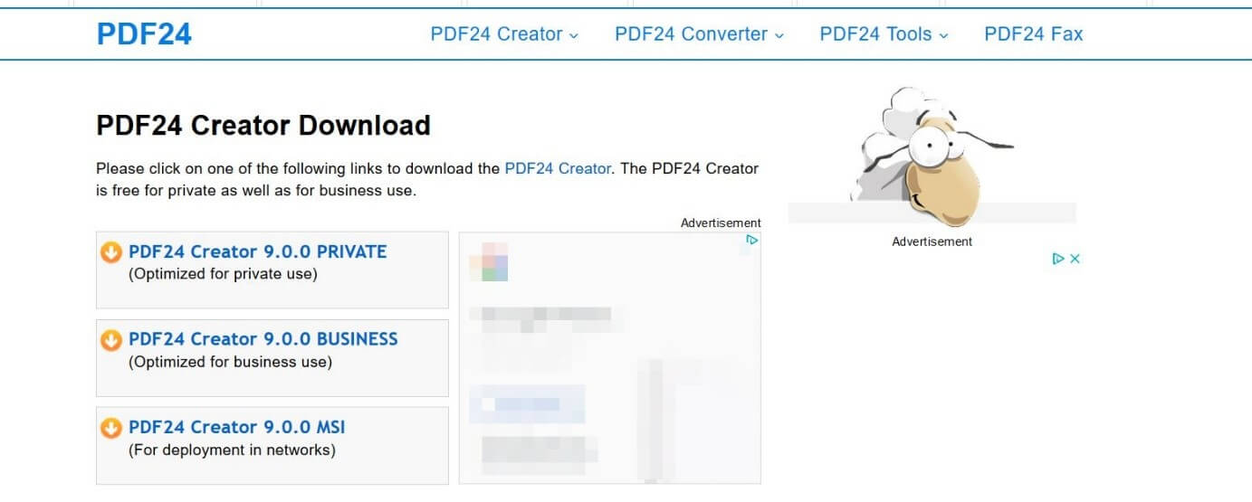 Página de inicio de PDF24 Creator: centro de descargas