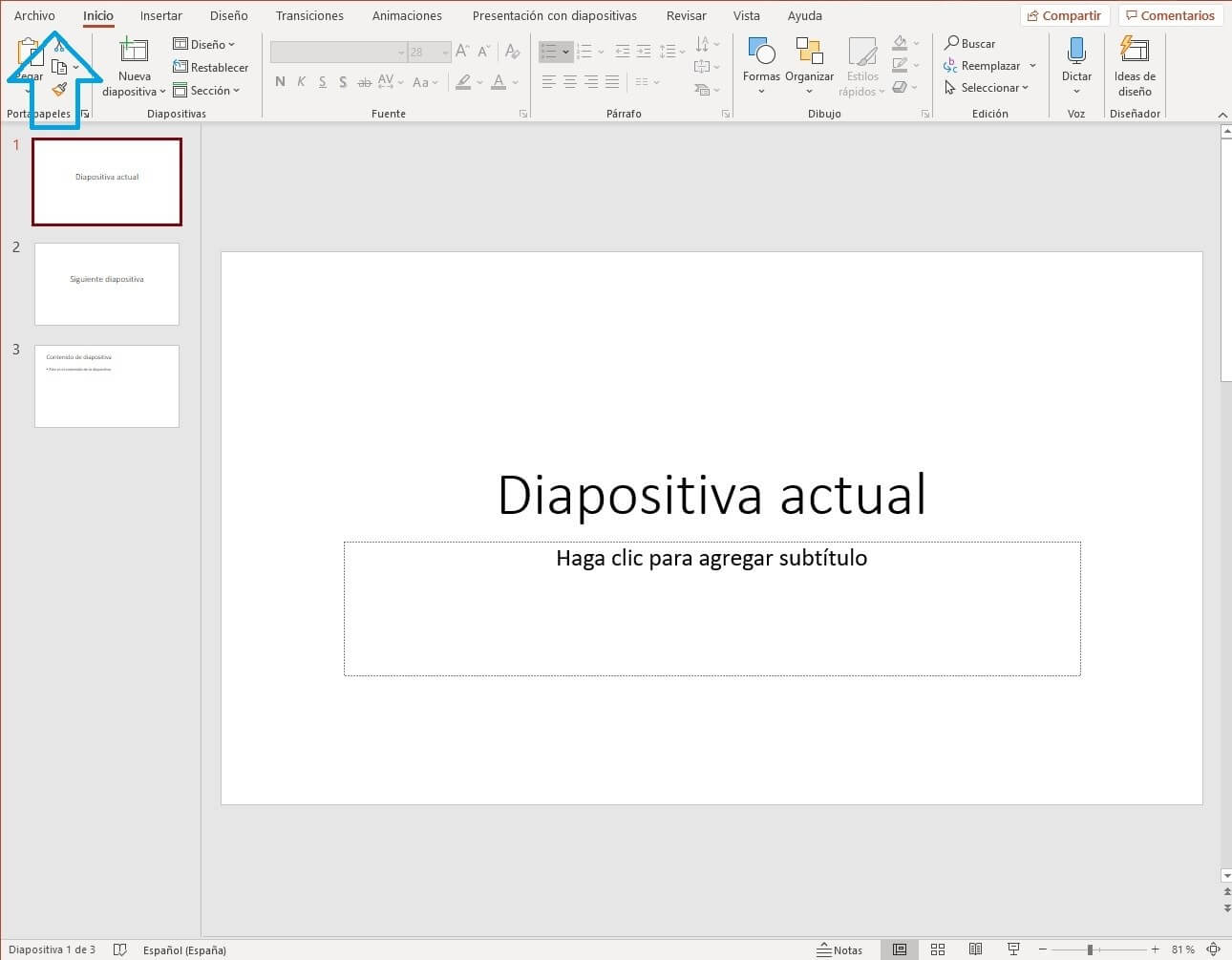 PowerPoint: clic en “Archivo” para llegar a la opción de exportar