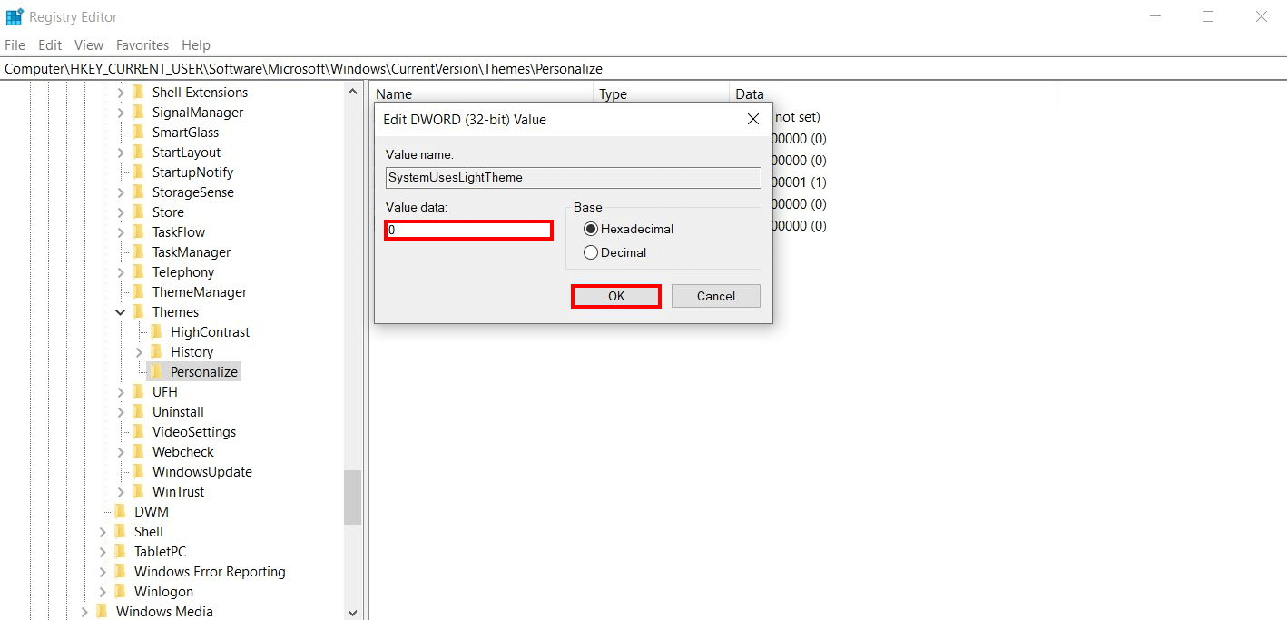 Editor del registro: activar el modo oscuro de Windows 10