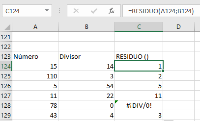 Función MOD de Excel: Mensaje de error #¡DIV/0!