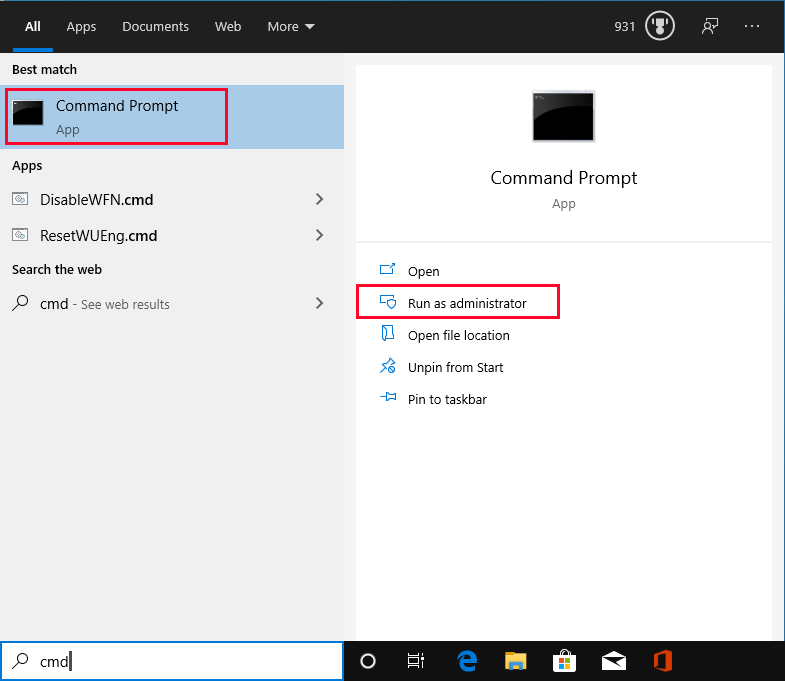 Acceso al símbolo del sistema a través del campo de búsqueda de Windows 10