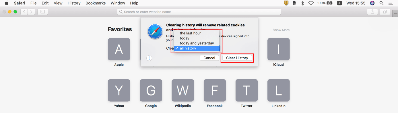 Navegador Safari: ventana de diálogo “Borrar historial” en macOS