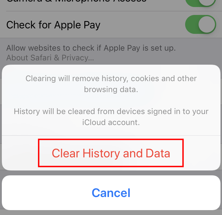 Safari (iOS): ventana de diálogo “Borrar historial y datos de sitios web”