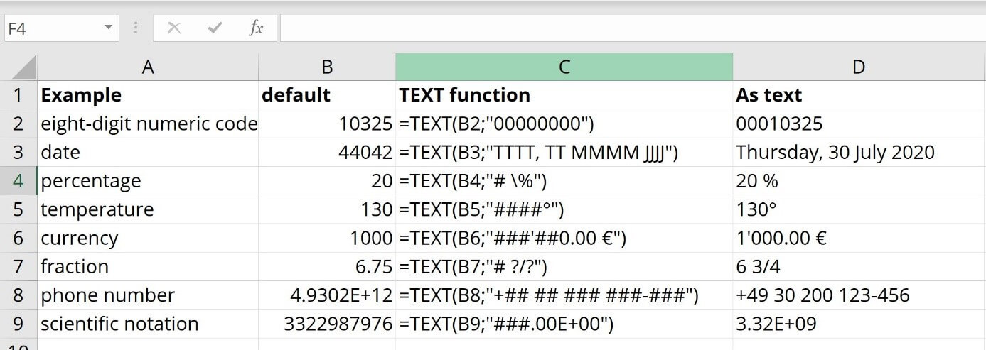 Captura de pantalla con diferentes ejemplos de uso de la función TEXTO