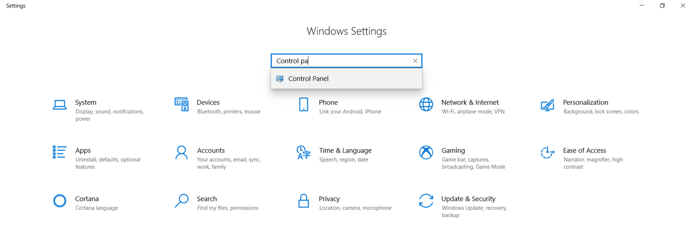 Panel de control, al que se accede desde la ventana de búsqueda de la configuración de Windows