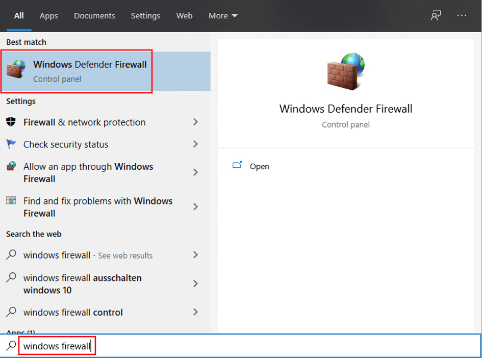 Windows 10: resultado de la búsqueda Firewall de Windows