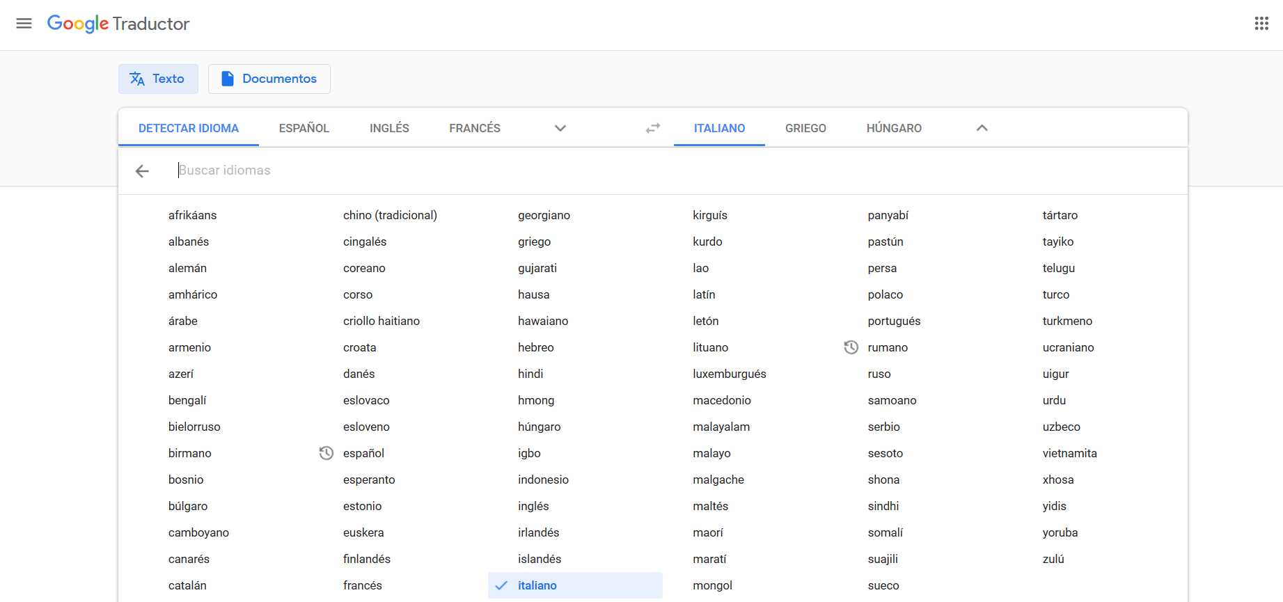 Selección de idioma en Google Translate