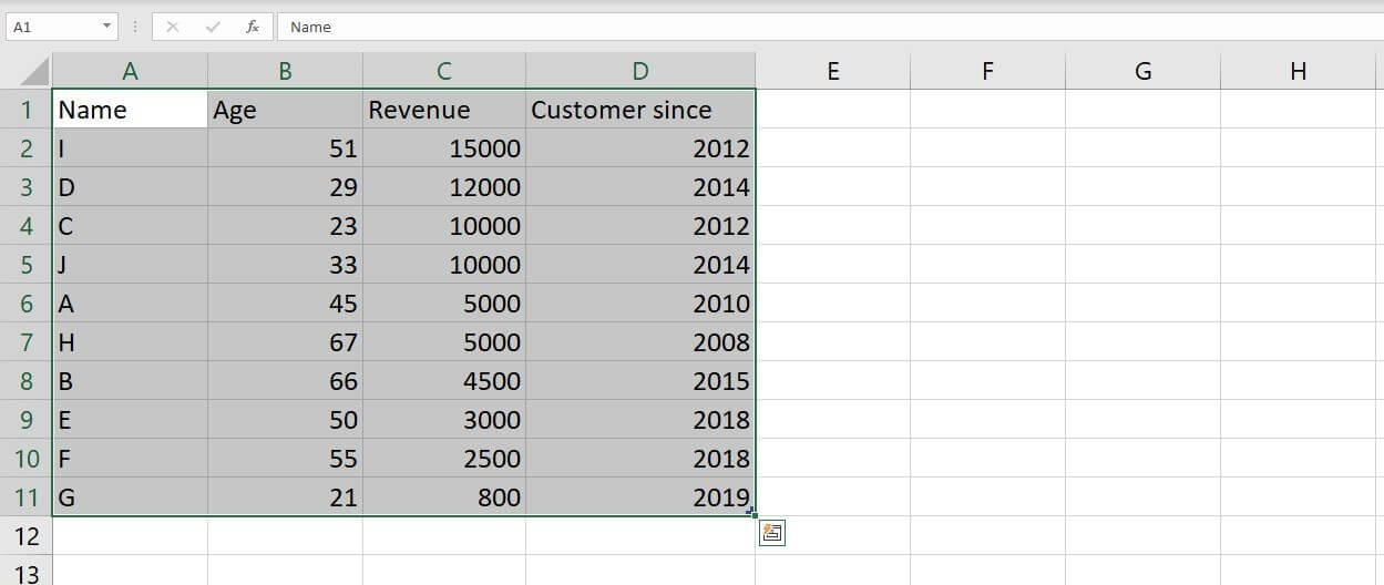 Conjunto de datos marcado en Excel 2016