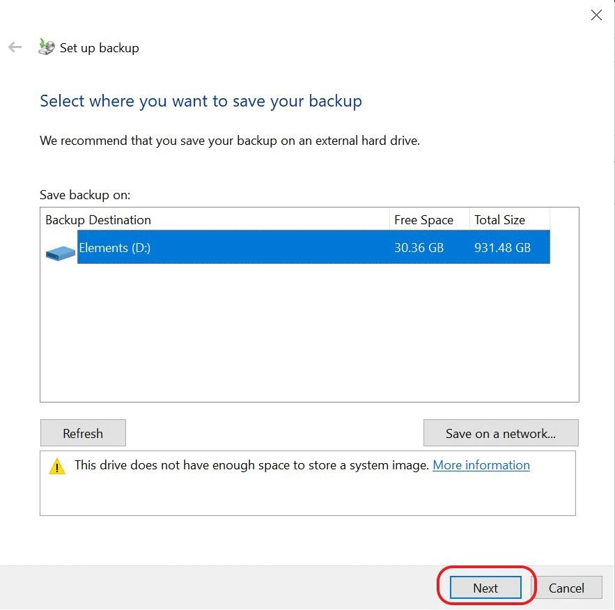Elección de la ubicación de la copia de seguridad personalizada de Windows 10