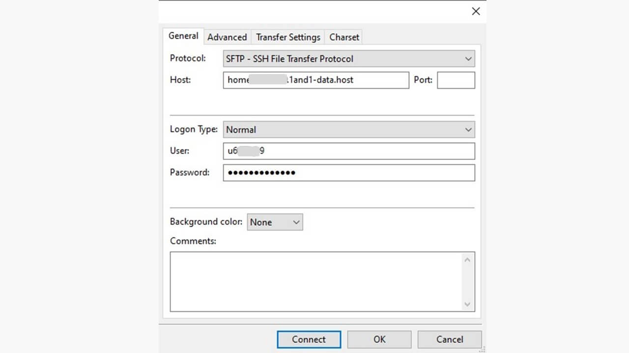 Seleccionar SFTP en el gestor de servidores de FileZilla.