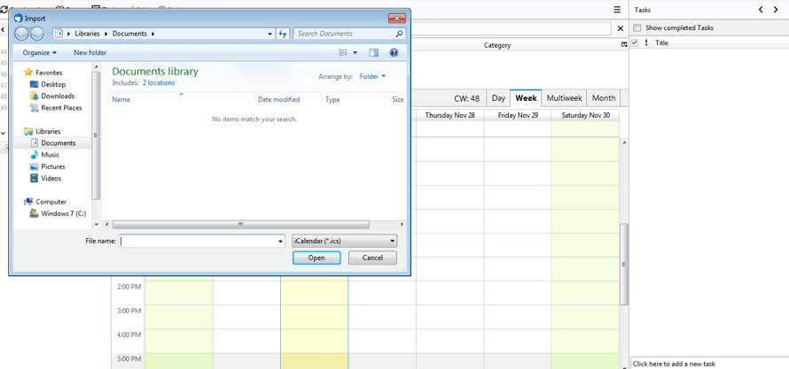 Selección de los archivos ICS en la ventana que se abre en el calendario de Thunderbird