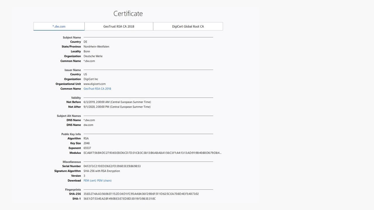 Certificado de servidor con valores hash (huellas dactilares).