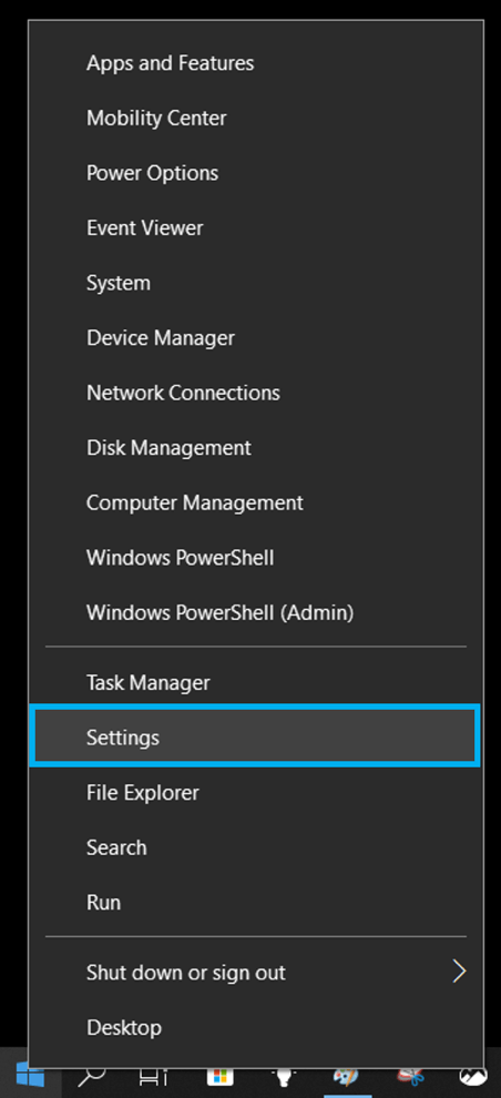 Opción “Configuración” en la barra de tareas de Windows