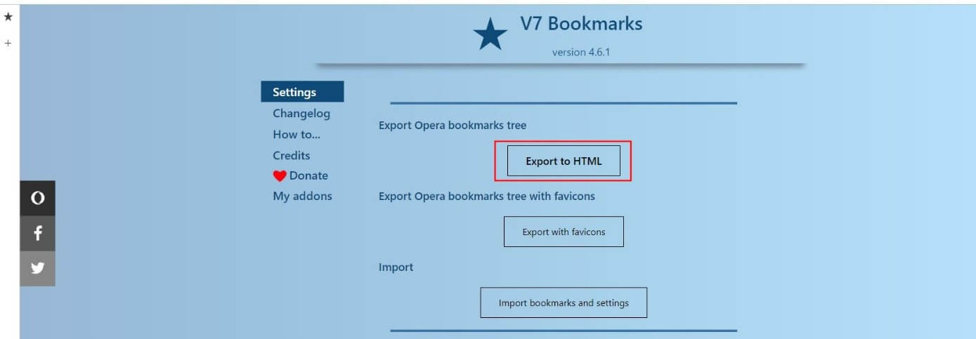 Menú de ajustes del add-on V7 Bookmarks de Opera