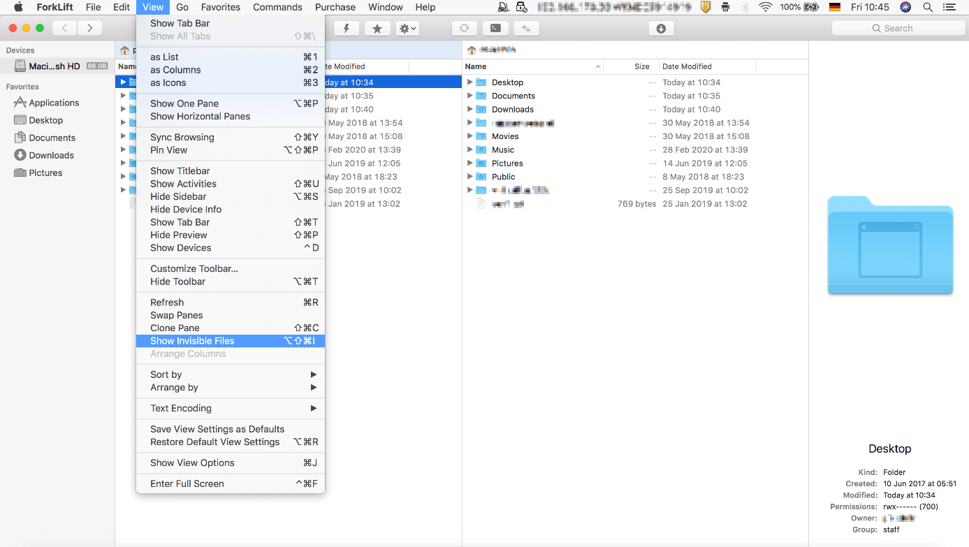 Ver archivos ocultos en Mac mediante Forklift 