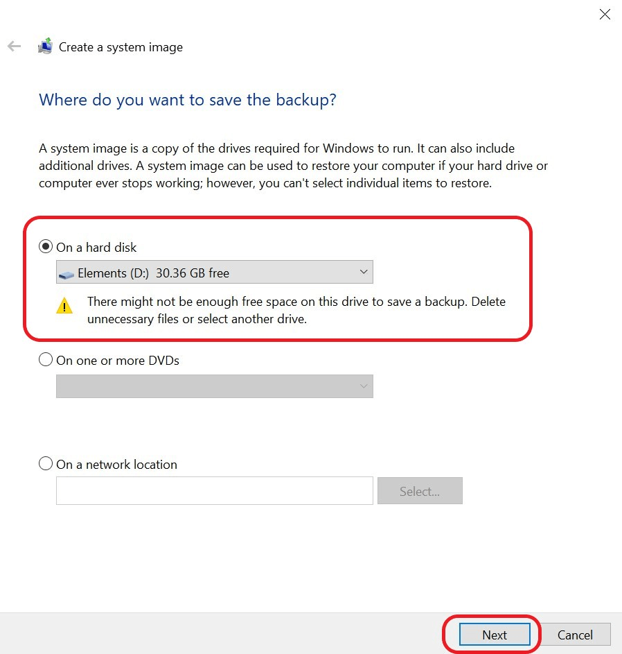 Opciones de guardado de los backups de Windows
