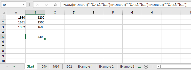 Función de suma con valores de hojas de cálculo diferentes
