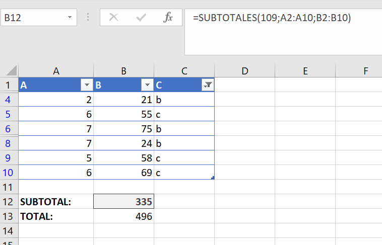 Ejemplo de sumas calculadas en Excel con SUBTOTALES