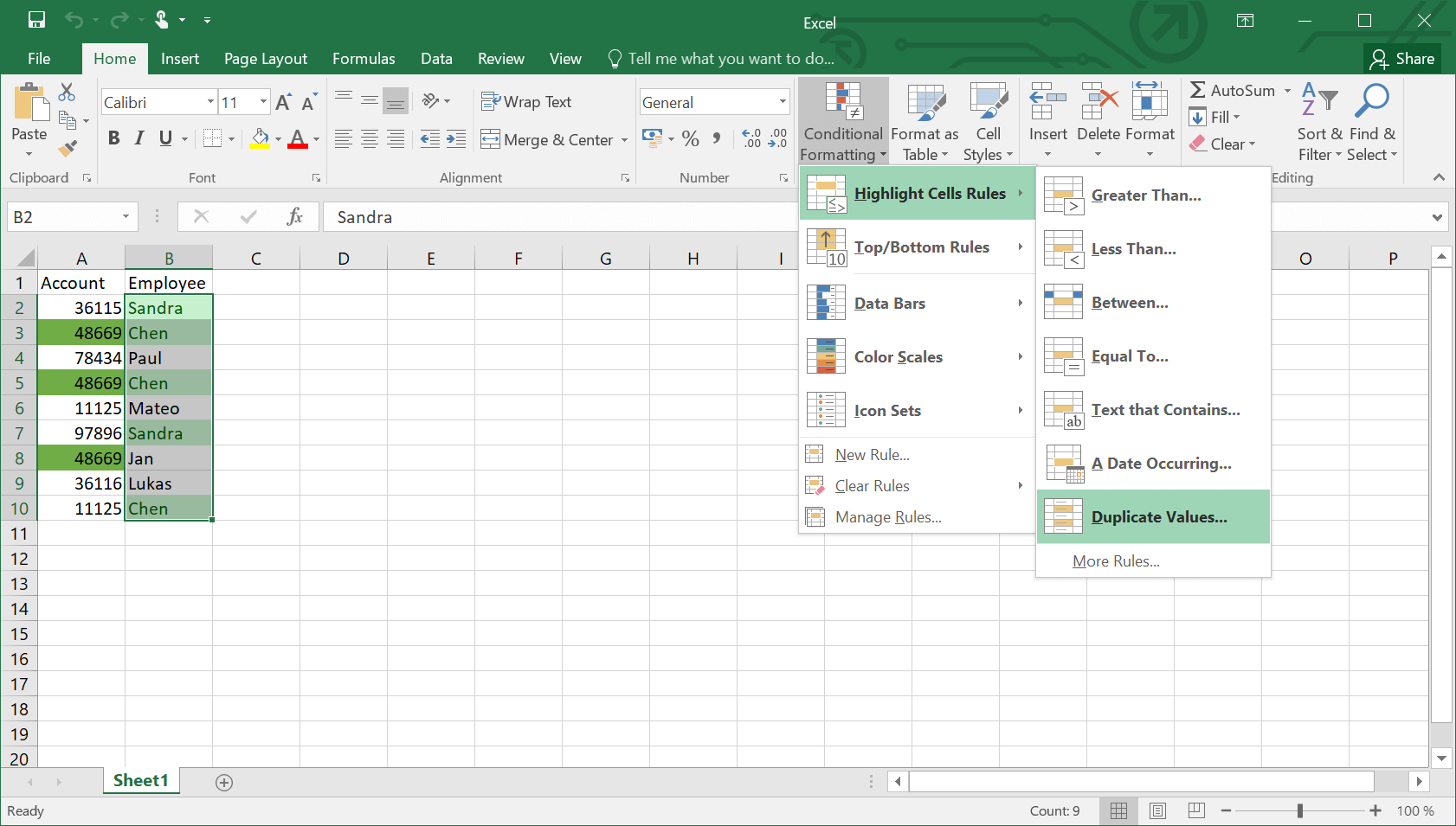 Menú de funciones Excel para mostrar valores duplicados