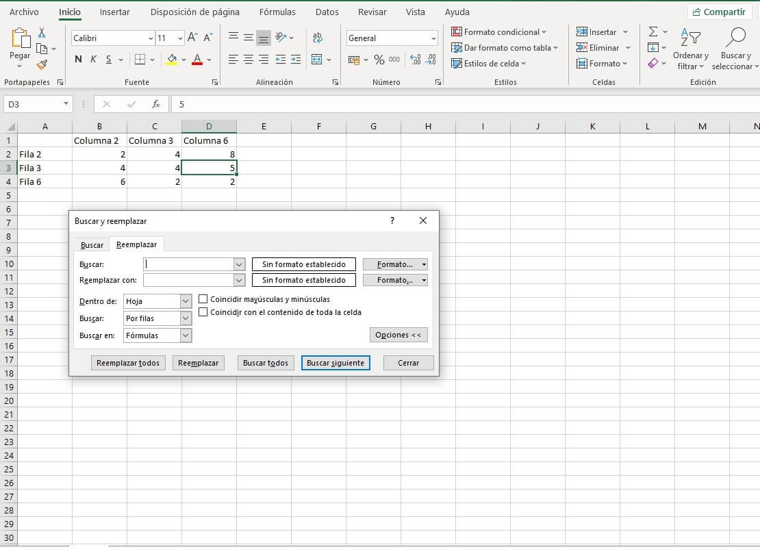 Ventana con las opciones avanzadas de la función “Reemplazar” de Excel