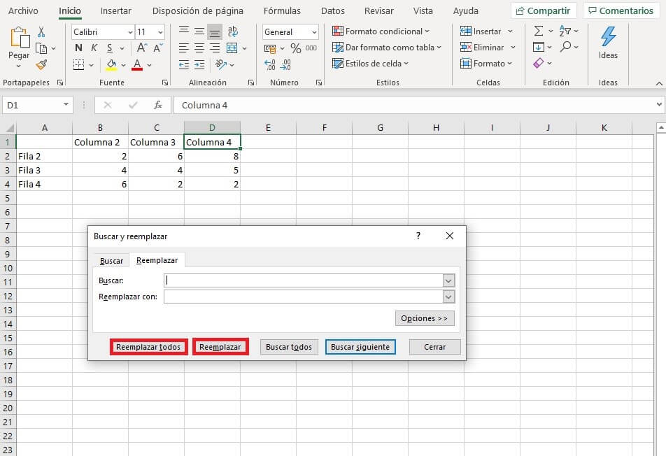 Ventana de buscar y reemplazar en Excel