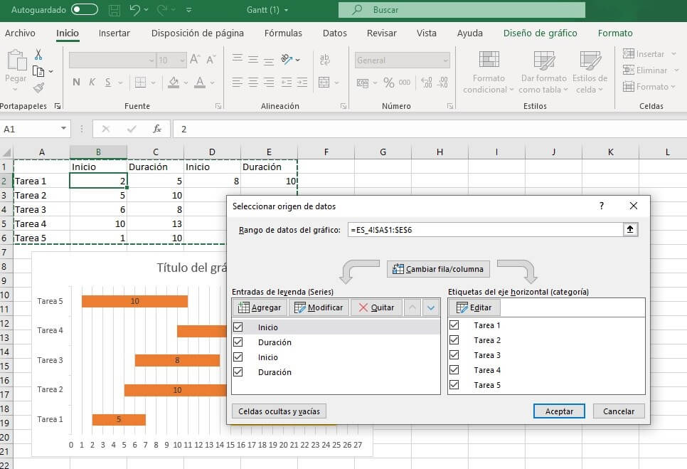 Ventana del menú de Excel que te permite personalizar el área de datos del diagrama