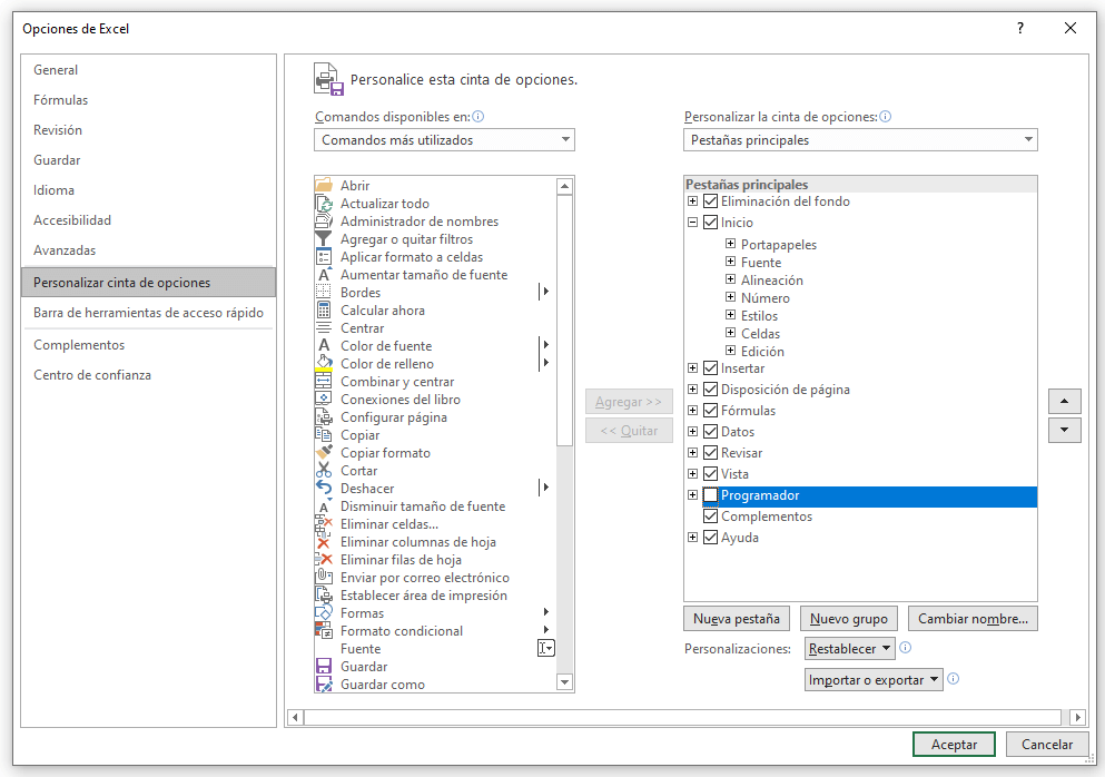 Ventana de opciones que permite activar las funciones de “Programador” en Excel
