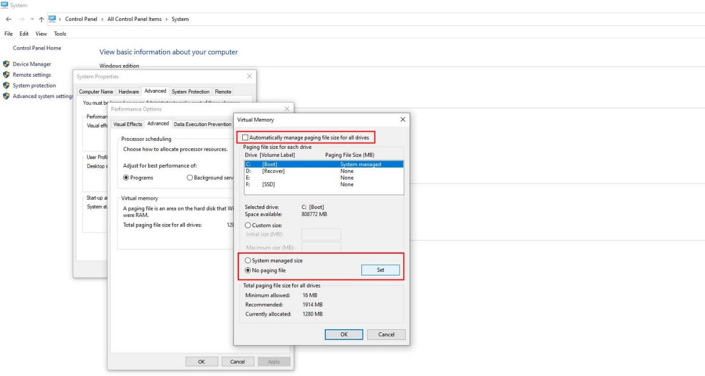 Configuración de la memoria virtual en Windows 10