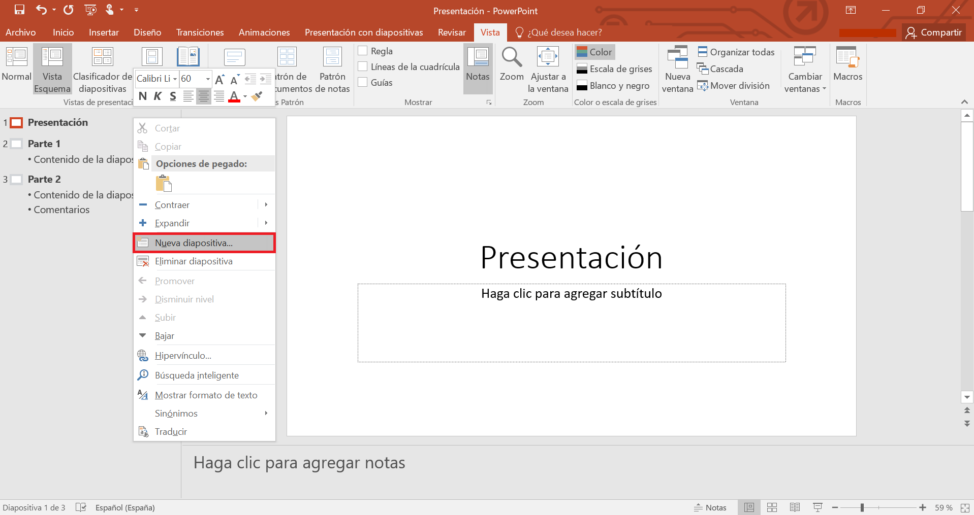 Vista de Esquema en PowerPoint: insertar una nueva diapositiva