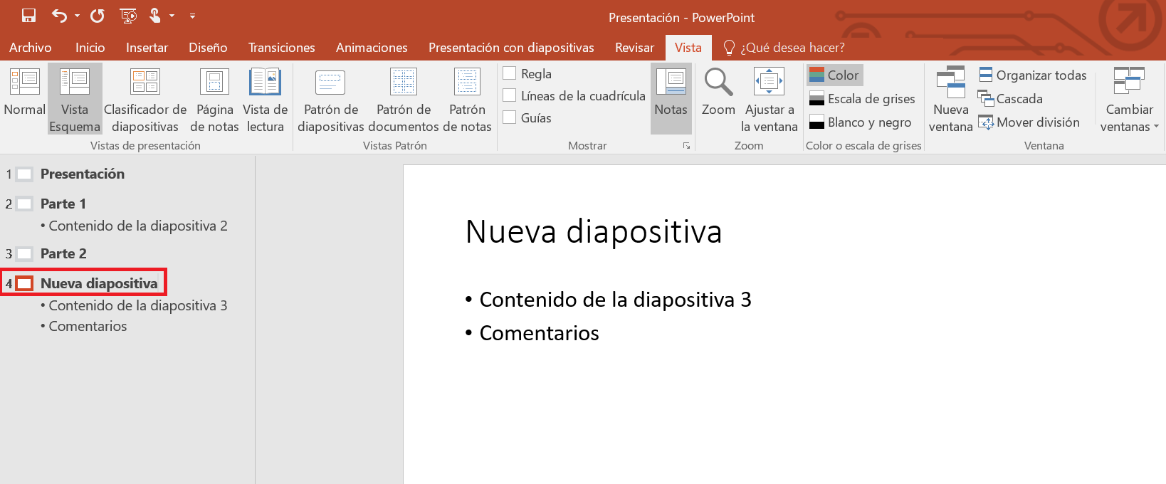 Vista Esquema en PowerPoint: insertar nueva diapositiva