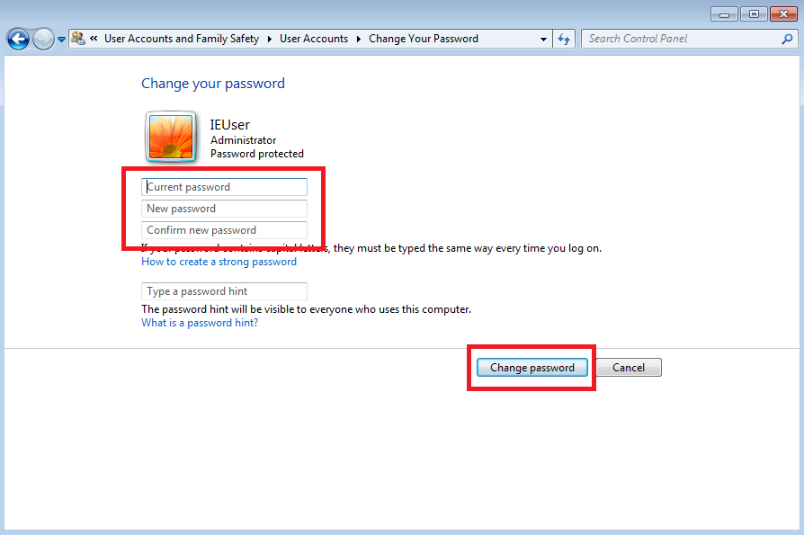 Control de cuentas de usuario en Windows 7: cambiar contraseña.