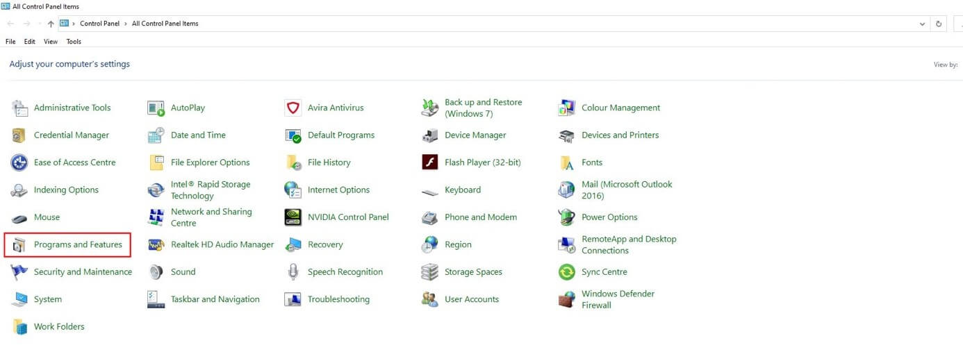 Panel de control de Windows 10: “Programas y características”