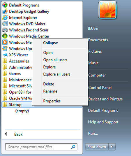 Menú inicial: cómo entrar en la carpeta para programas de inicio en Windows 7
