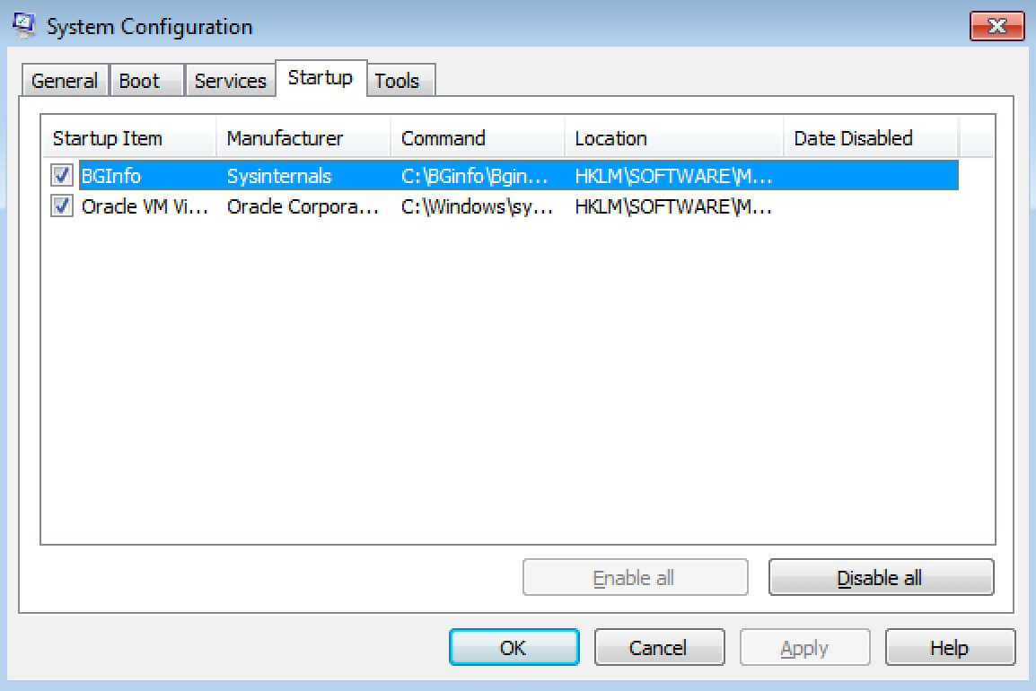 Configuración del sistema en Windows 7 con carpeta de programas de inicio