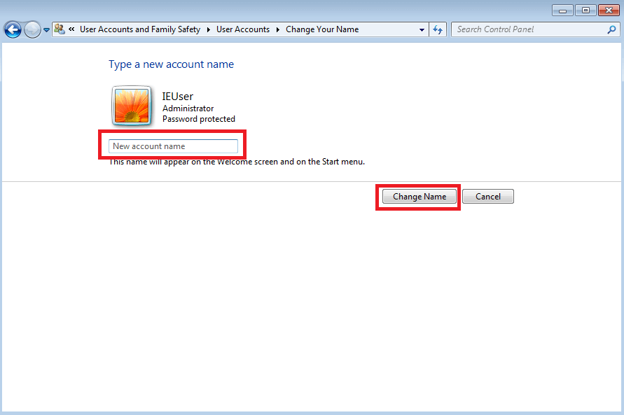 Menú de las cuentas de usuario de Windows 7: cambiar el nombre de usuario.