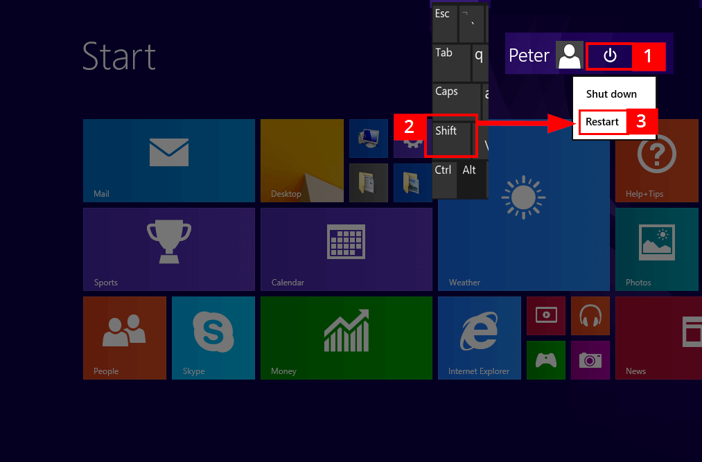 Barra de Charms de Windows 8 con opción de reinicio