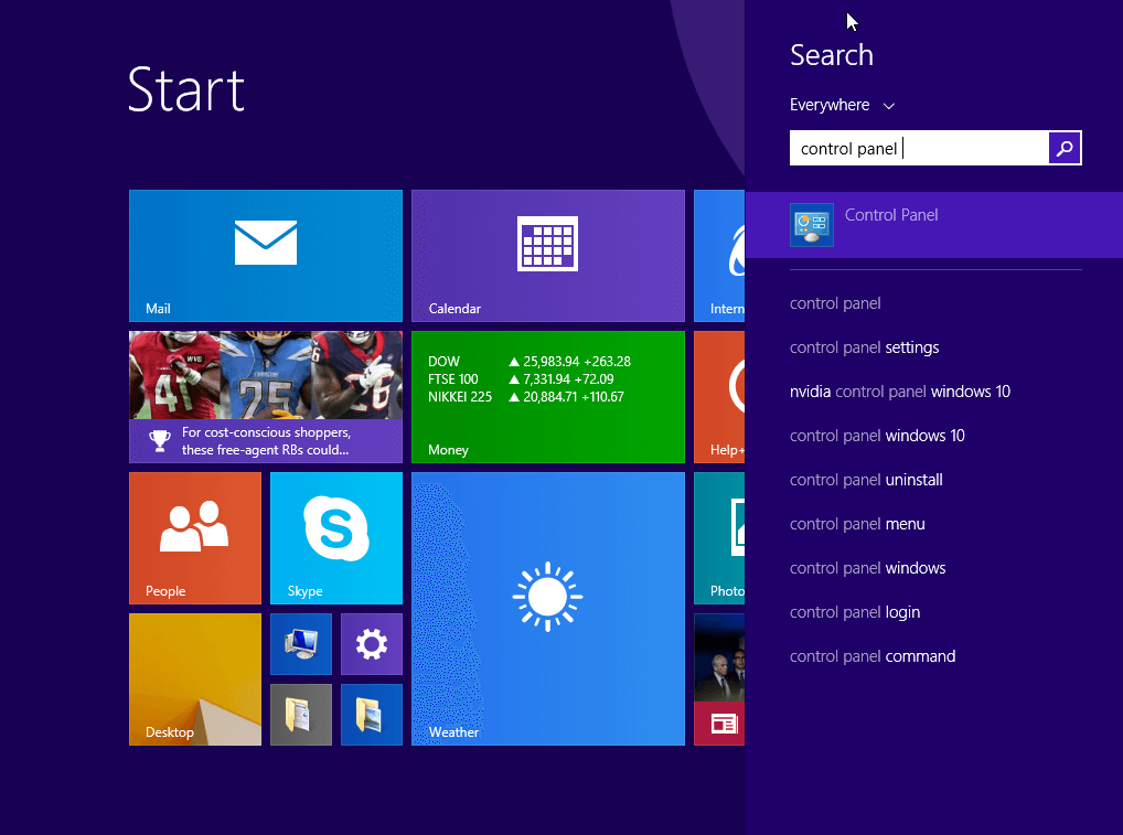 Búsqueda en Windows 8 de “Panel de control”