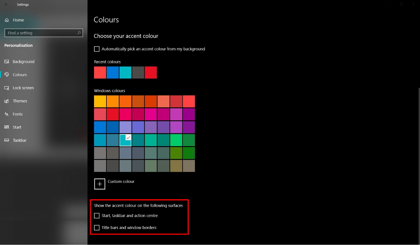 Configuración de Windows: seleccionar color de énfasis