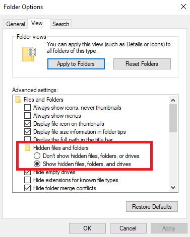 Visualizar archivos ocultos en las opciones de carpeta de Windows 10 