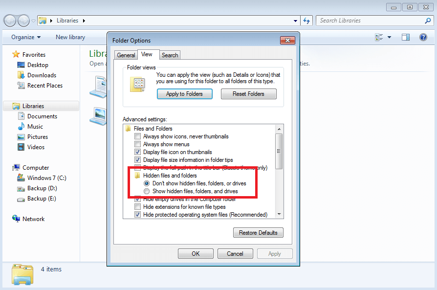 Visualizar archivos ocultos en las opciones de carpeta de Windows 7 