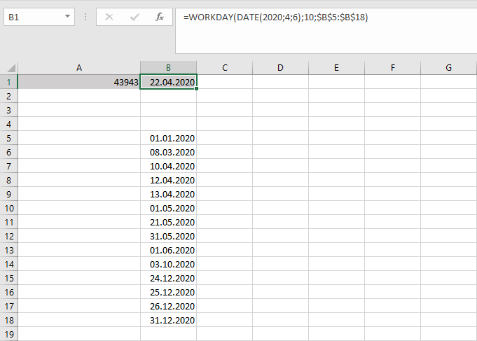DIA.LAB en Excel con lista de días festivos