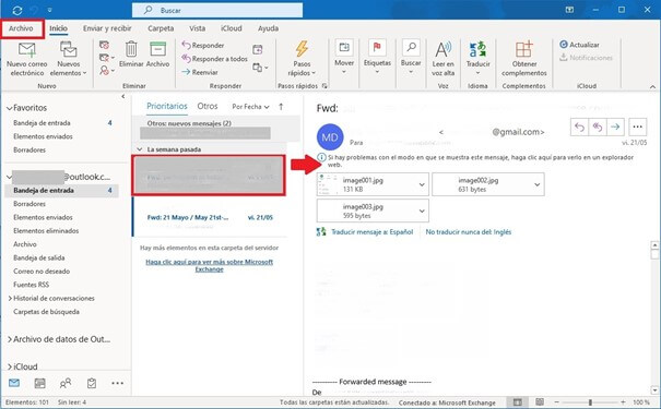 En el software de Outlook están marcados la pestaña de “Archivo” y el correo seleccionado para imprimir