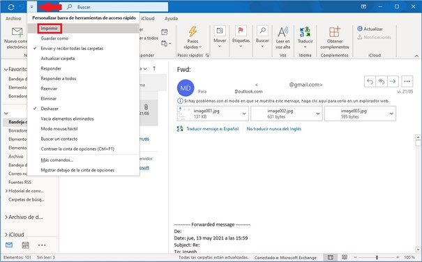 Configuración básica de Outlook. Icono y cuadro de diálogo de “Personalizar barra de herramientas de acceso rápido”