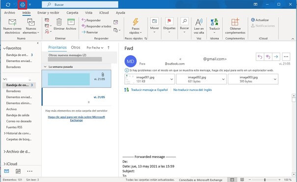 Outlook con el icono de “Imprimir” en la barra de herramientas azul